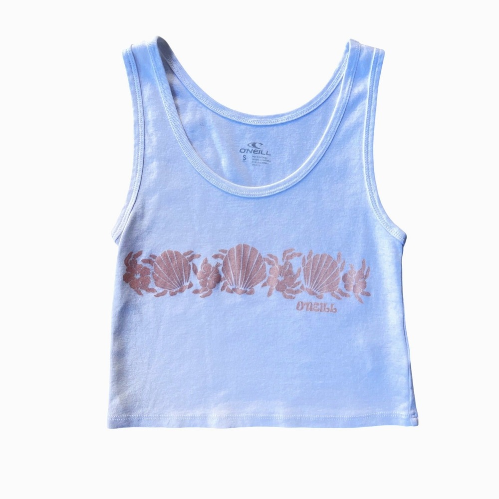 O'Neill Womens Tank Top Small Blue Shell Graphic Crop Sleeveless Surf